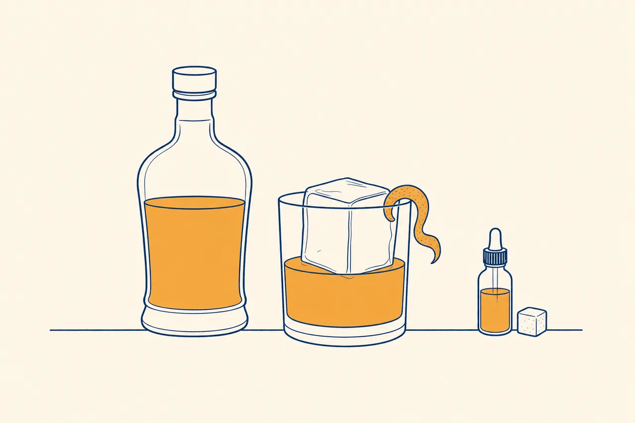 Illustration: rum Old Fashioned with a large ice cube and orange zest in a tumbler, next to a rum bottle, bitters, and a sugar cube